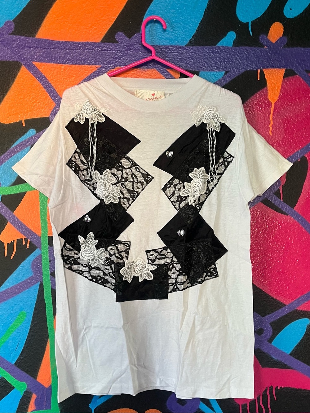 ★ Handmade Black Floral Lace DIY Patchwork T-Shirt ★